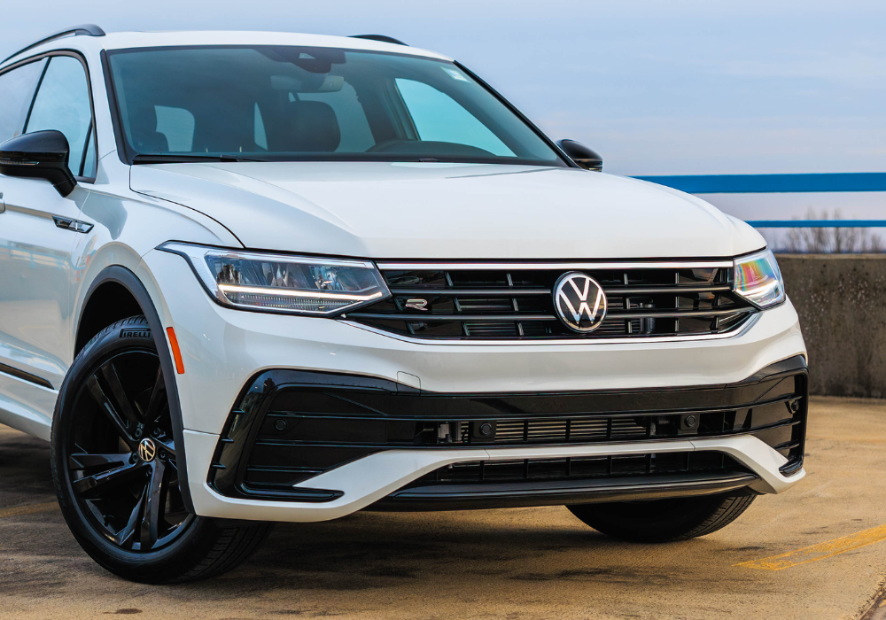 The front of a white Volkswagen SUV